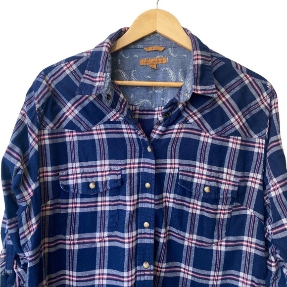 Plaid Flannel Blue Red Boys Style Jachs Girlfriend Button Down Shirt Size Large - Picture 3 of 10